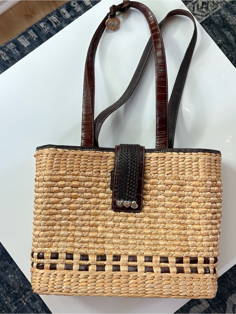 Brighton Hallie Woven Raffia & Brown Croc Leather Beach Bag Purse
